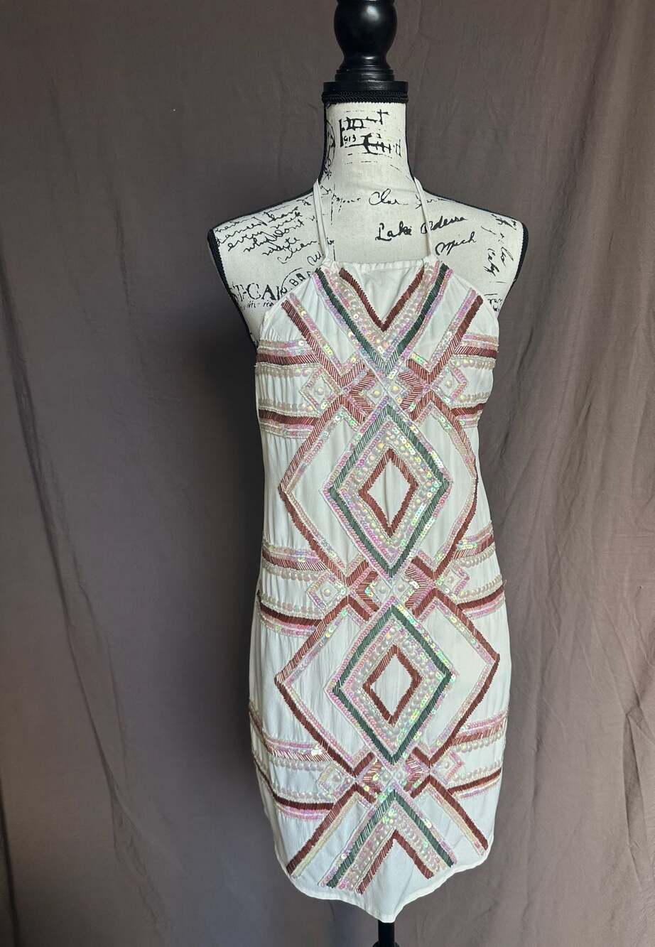NBD X Naven Twins White Geometric Beaded and Sequined Halter Mini Dress
